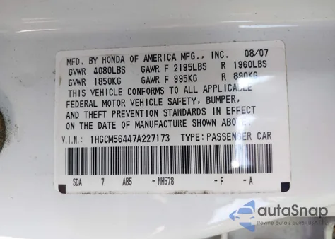 2007 Honda Accord 2.4 Lx z USA, uszkodzony, nr VIN 1HGCM56447A227173